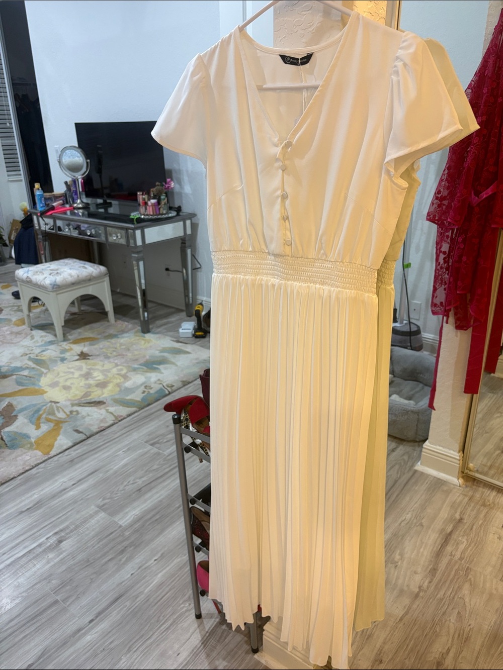 Elegant White Pleated Midi Dress with Smocked Waist